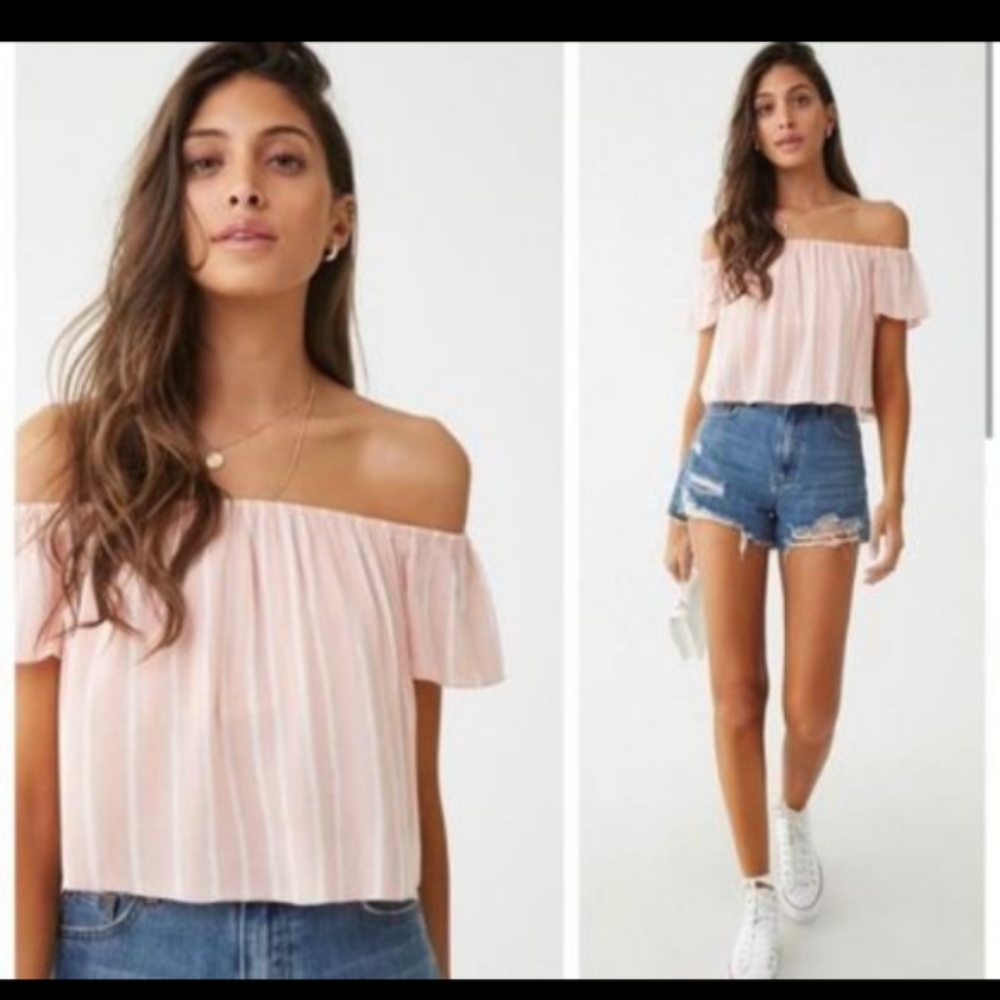 Forever 21 Pink & White Striped Off Shoulder Crop Top